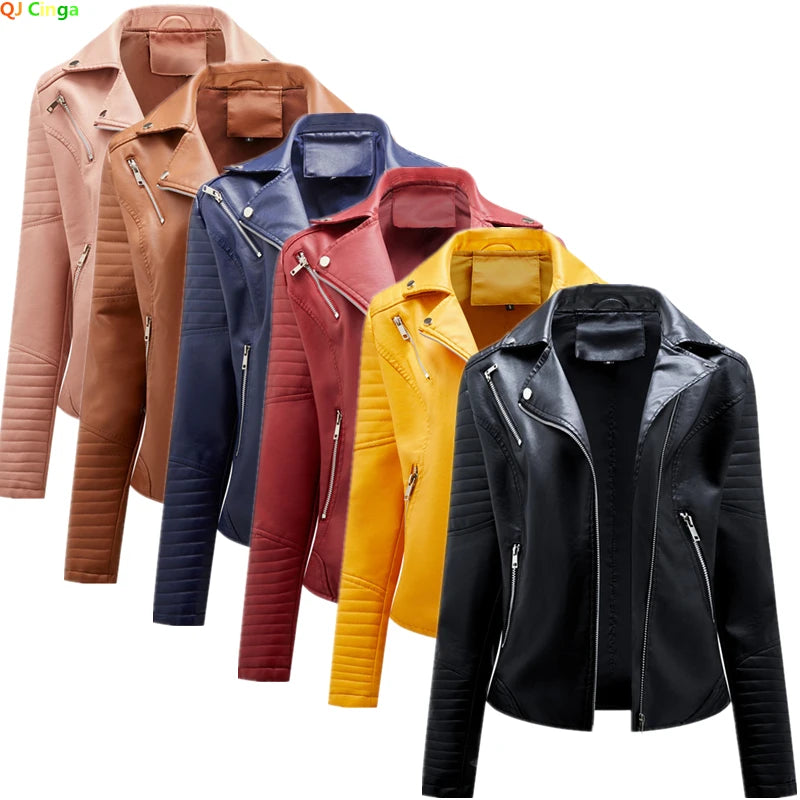Faux leather biker jacket styles in multiple colors, front zip and zip pockets