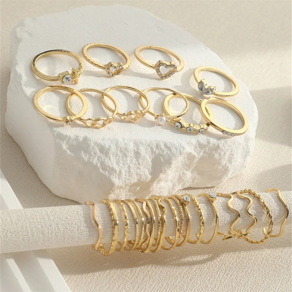 Crystal Wave & Heart Ring Set | Bohemian Stackable Rings for Women