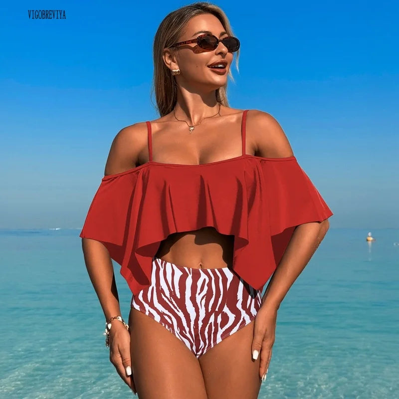 Women's Black Leaf Print Tankini Set | Ruffle High-Waist Two-Piece Swimsuit with Skirt | S–XL