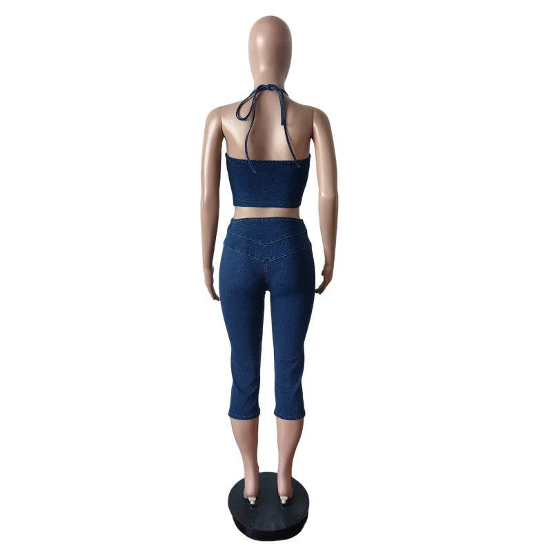 Y2K Denim Halter Crop Top & Jeans 2-Piece Set | Backless Streetwear for Women