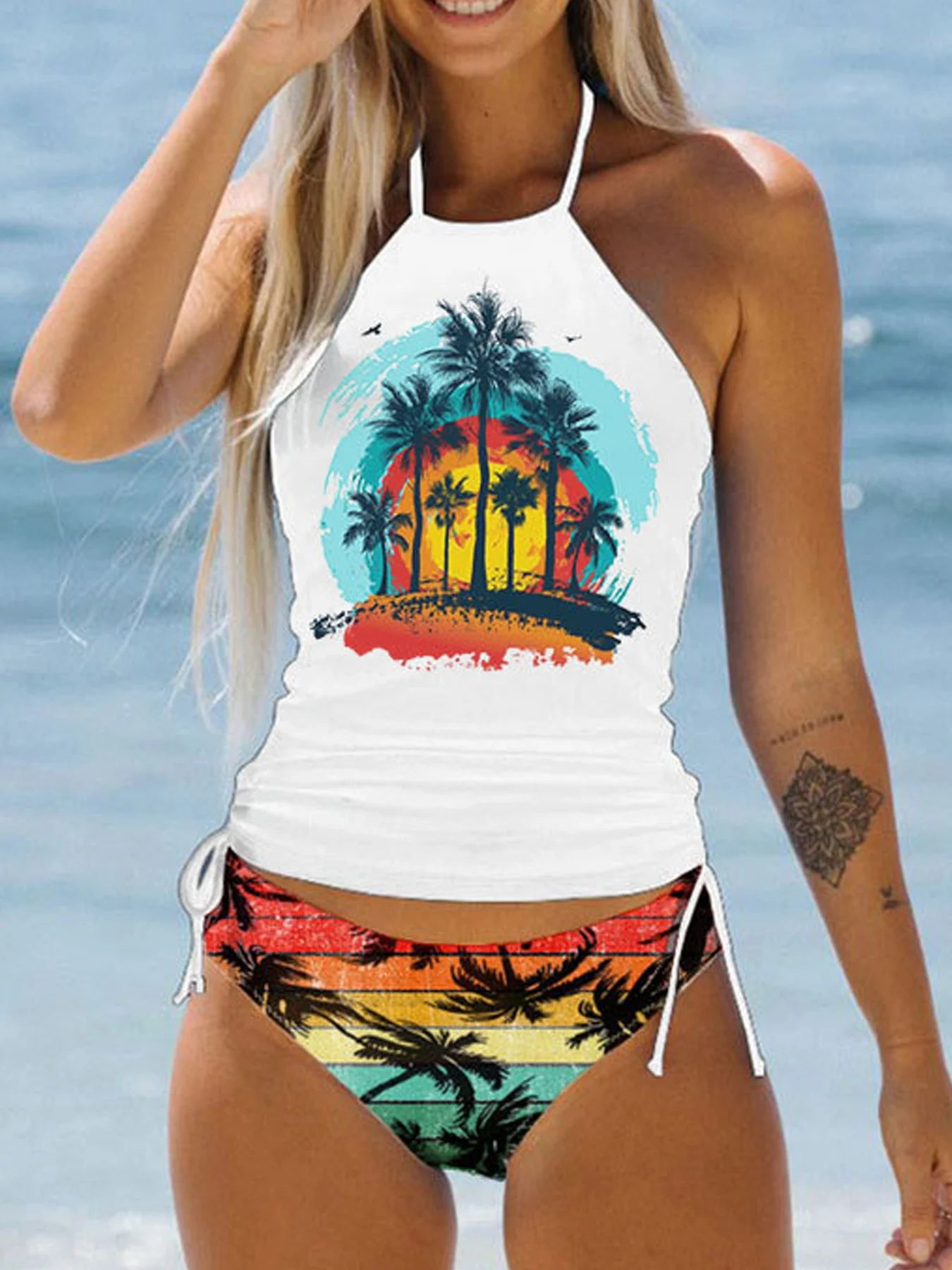 Printed Halter Tankini Set | 2-Piece High Waist Swimsuit for Women