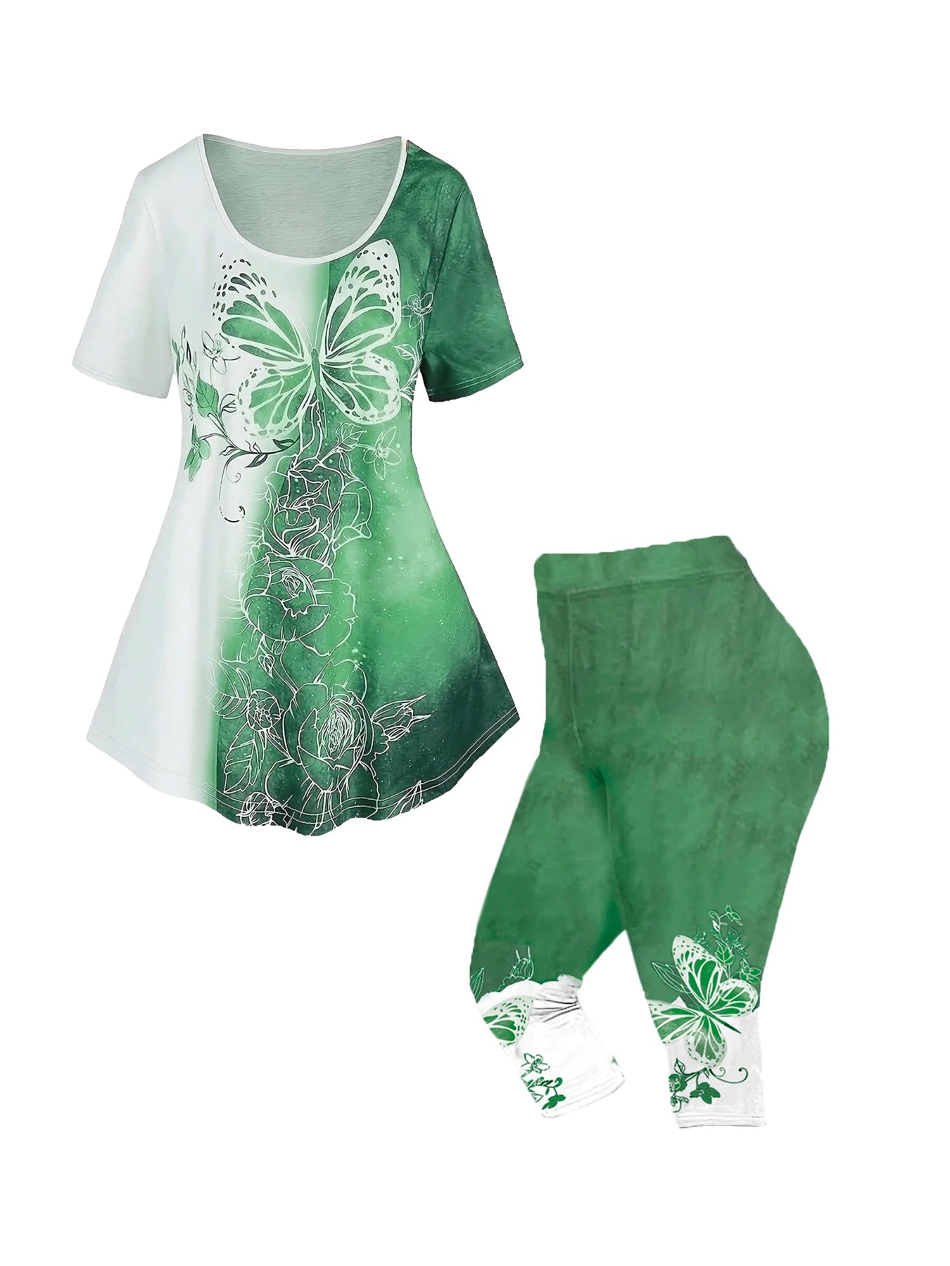 Women's plus size butterfly print set: green short-sleeve top and capri pants