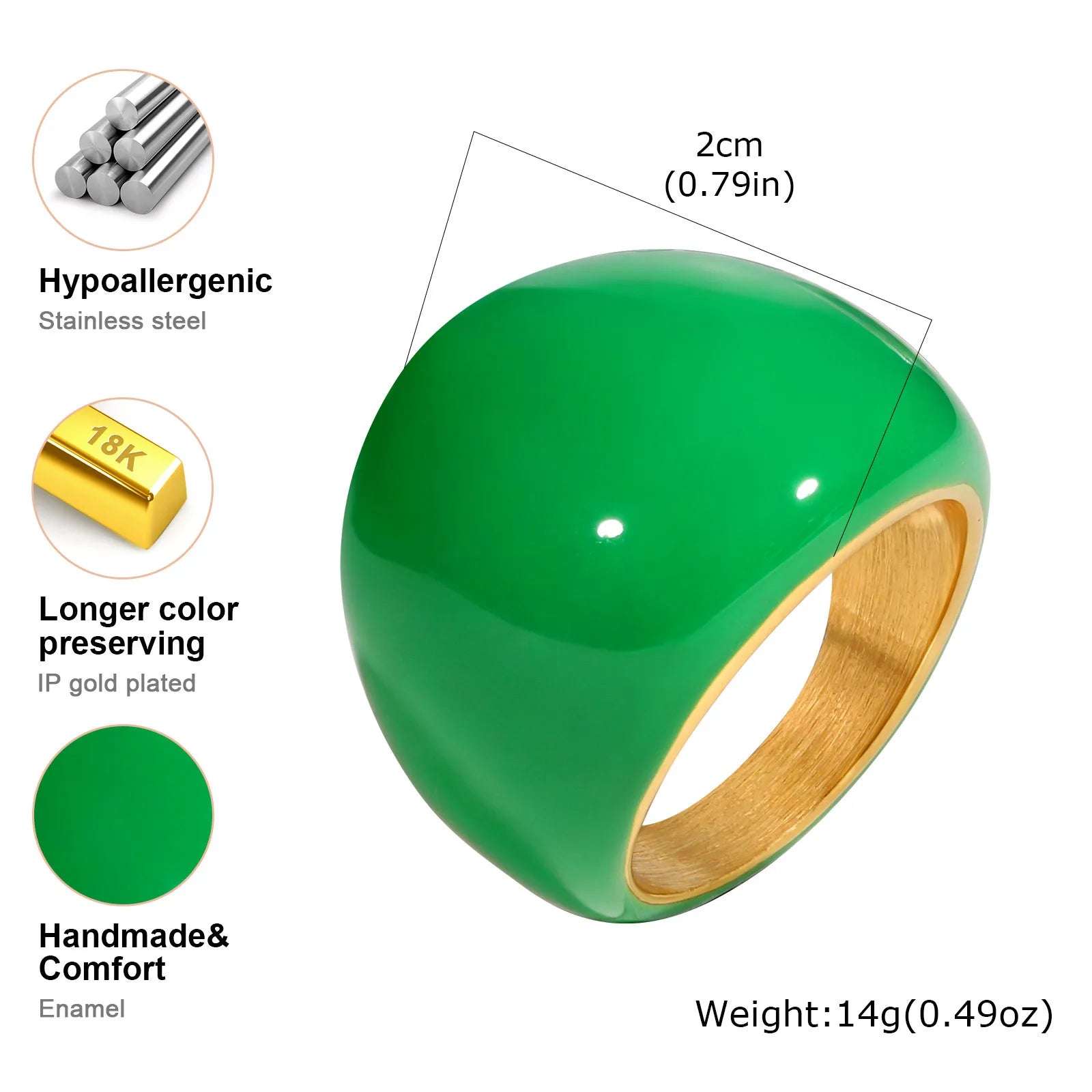Chunky enamel crossover ring, bright green enamel with gold-tone inner band