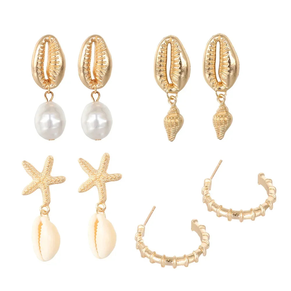 4-Pair Boho Shell & Starfish Dangle Earring Set | Summer Beach Pearl Conch Drop Earrings for Women