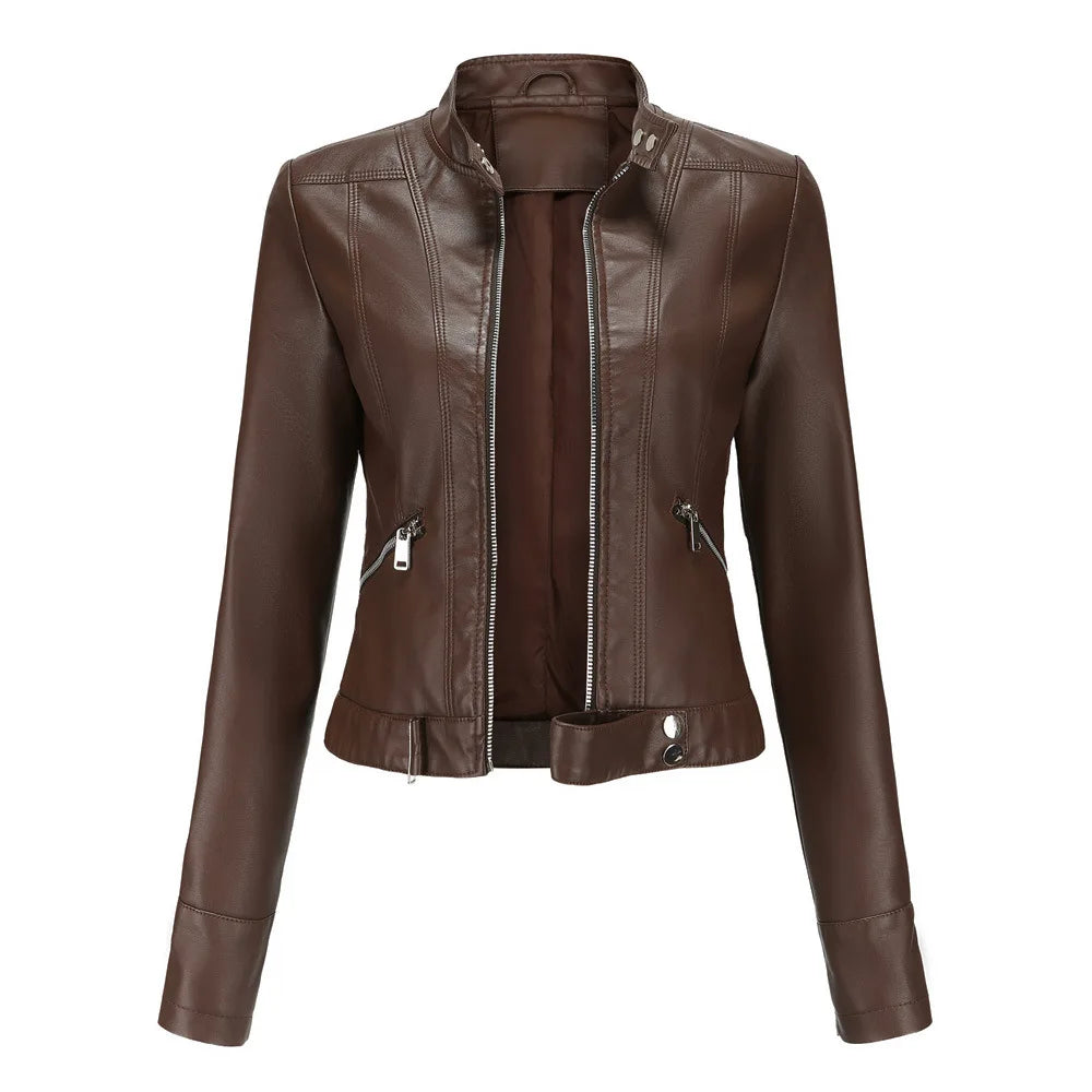 Brown faux leather zip-up moto jacket with mandarin collar and side zipper pockets