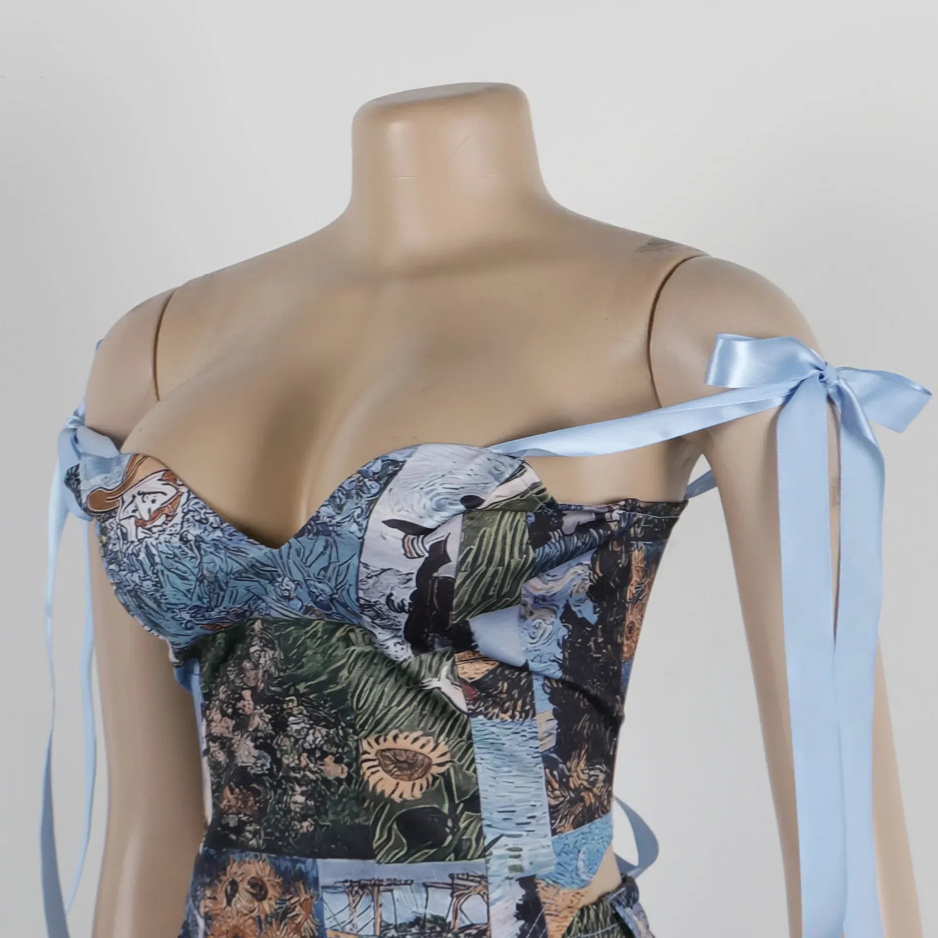 Oil Painting Print Lace-Up Crop Top & Wide-Leg Pants Set