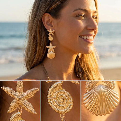 Gold starfish and seashell drop earring close-ups with spiral and scallop charms