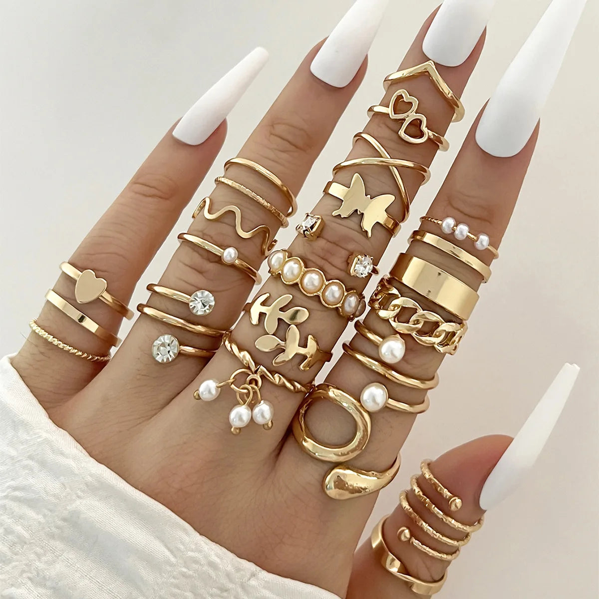 Crystal Wave & Heart Ring Set | Bohemian Stackable Rings for Women