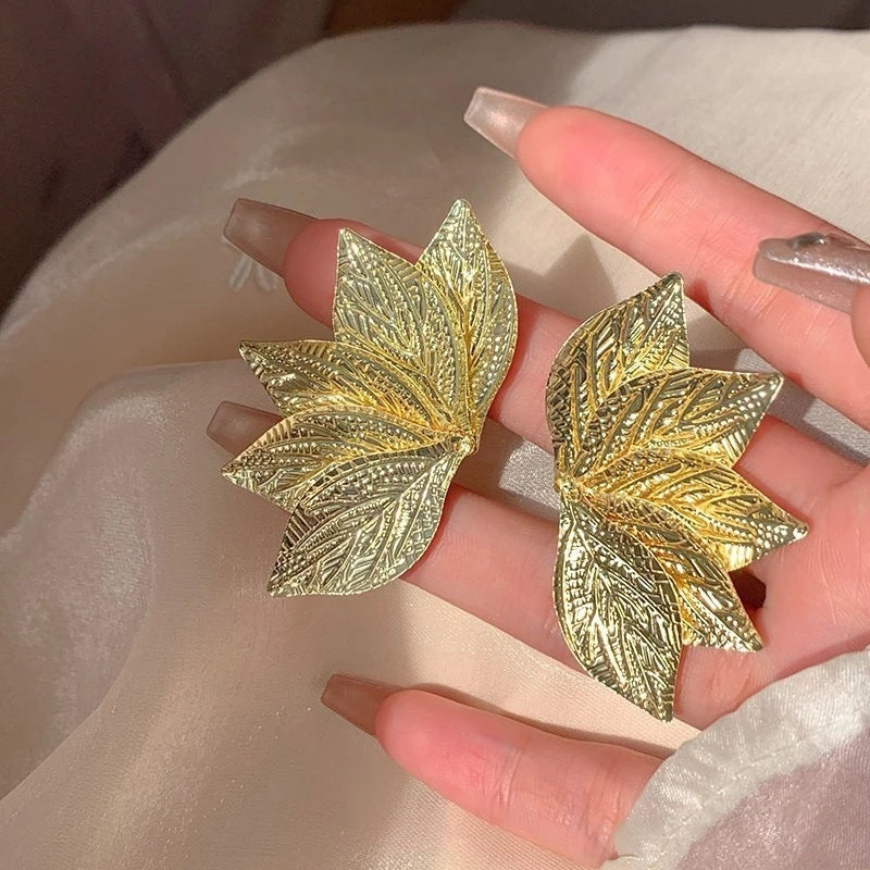 Oversized Gold Leaf Drop Earrings | Exaggerated Plant Drop Earrings for Women