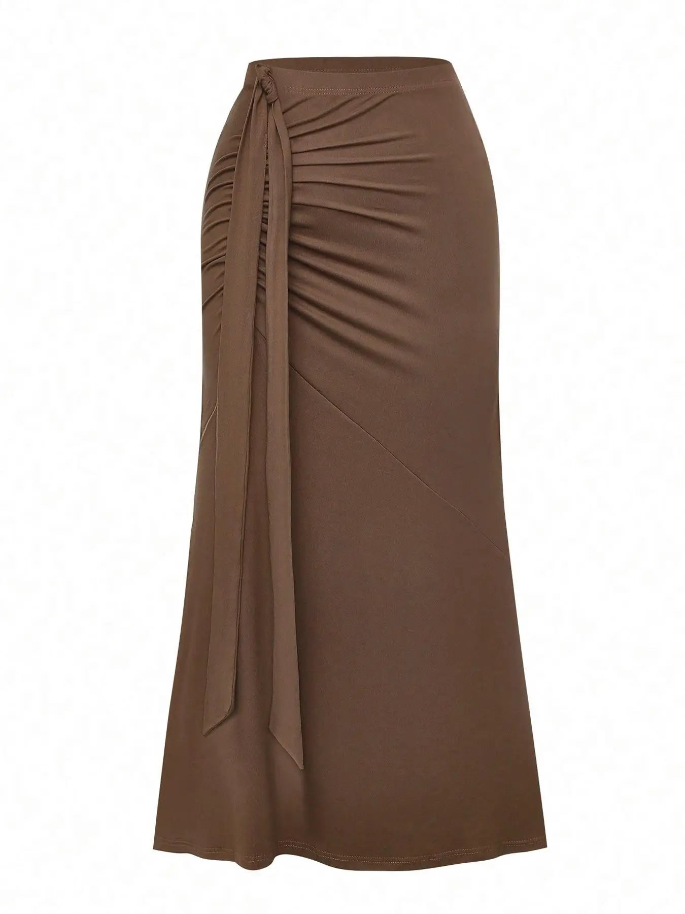 Brown draped maxi skirt with ruched panel and side slit, two-piece set
