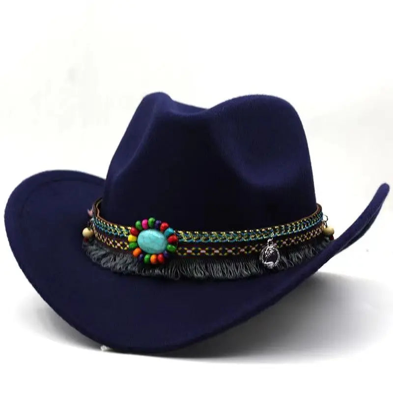 Wool Tassel Belt Western Fedora Hat
