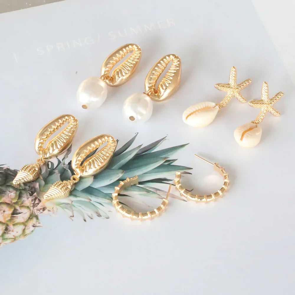 4-Pair Boho Shell & Starfish Dangle Earring Set | Summer Beach Pearl Conch Drop Earrings for Women