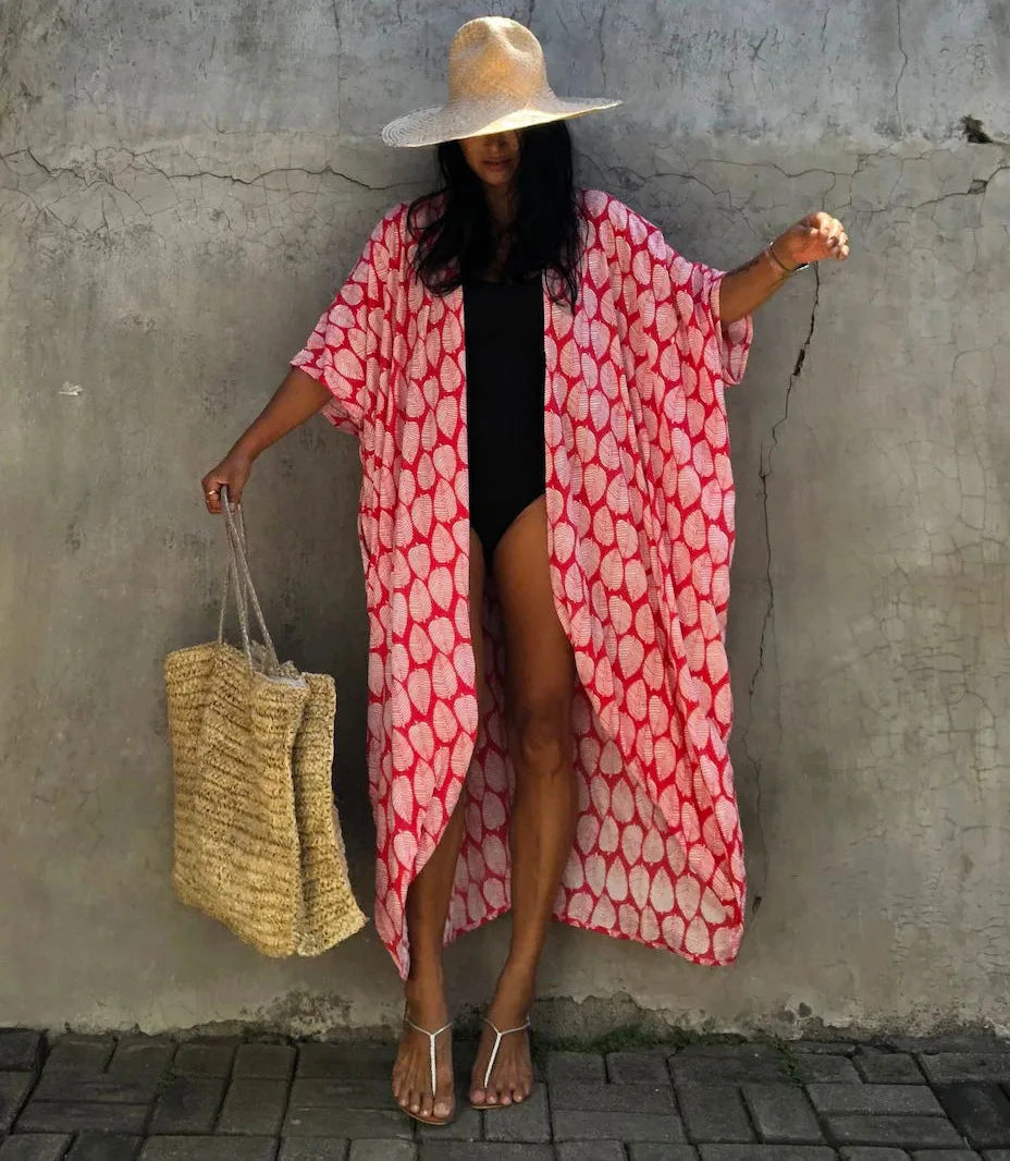 Red and white patterned kimono beach cover-up with open front and waist tie