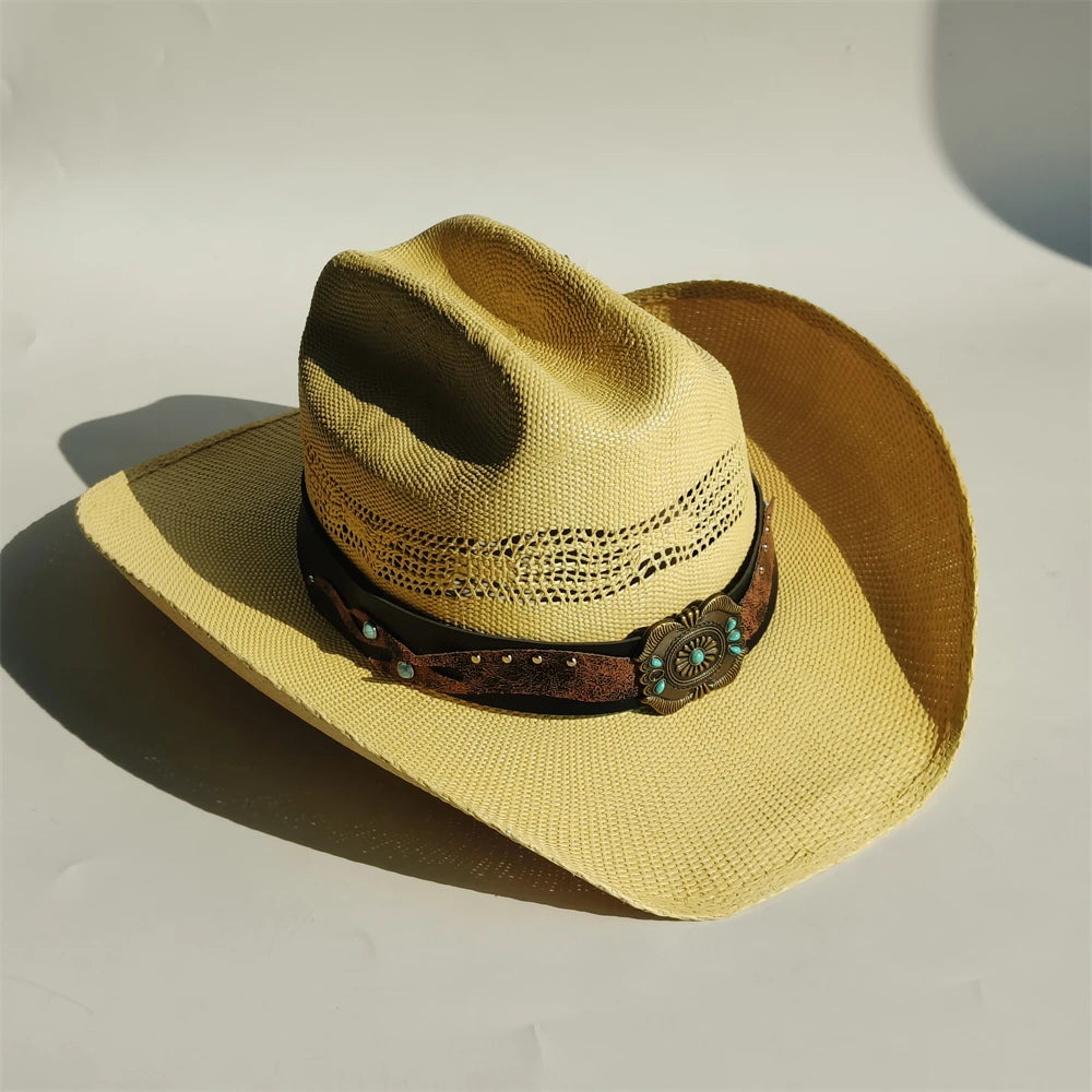 Western Straw Cowboy Hat with Turquoise Bolo Tie