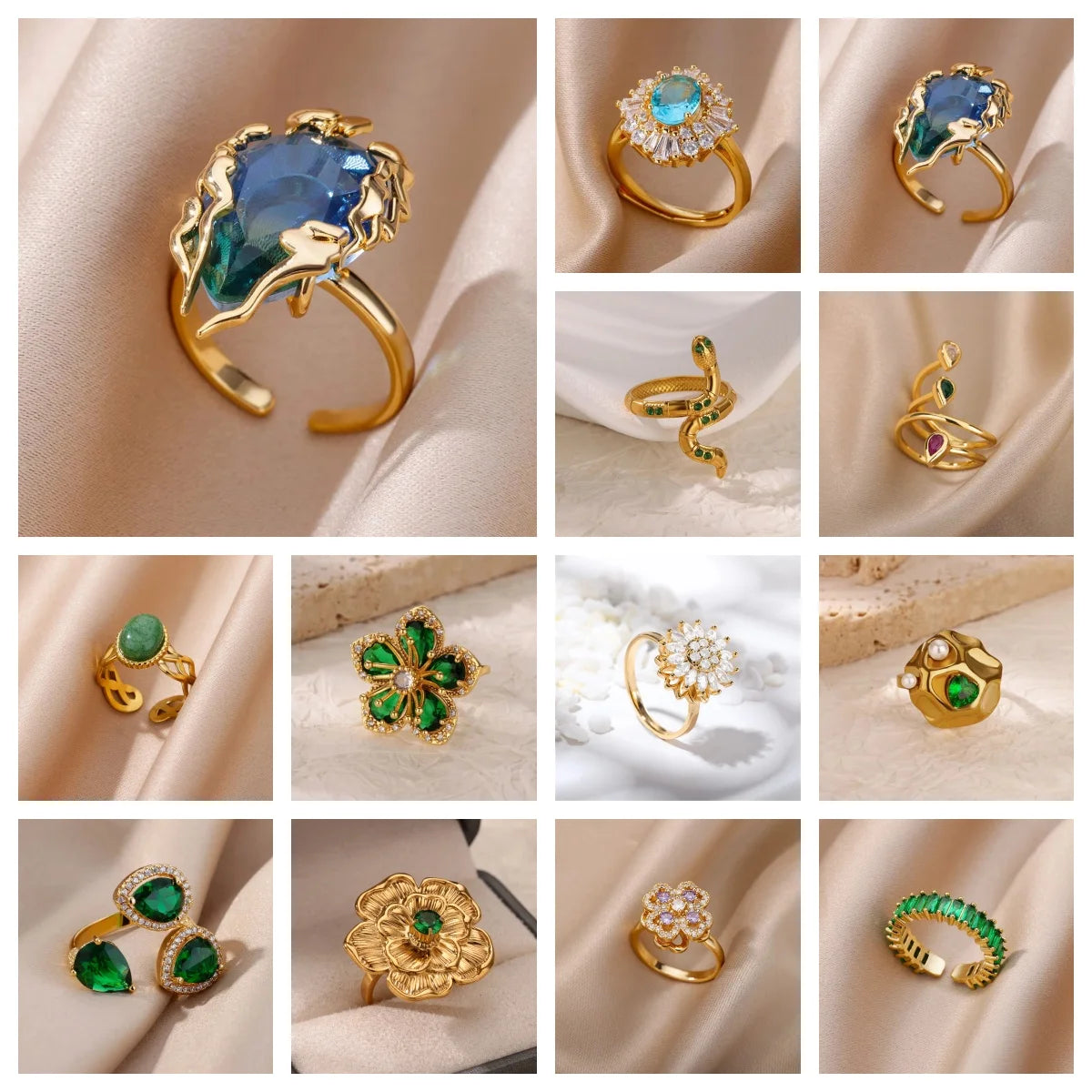 Vintage Geometric Zircon Ring Collection | Gold-Plated Stainless Steel Open Rings for Women