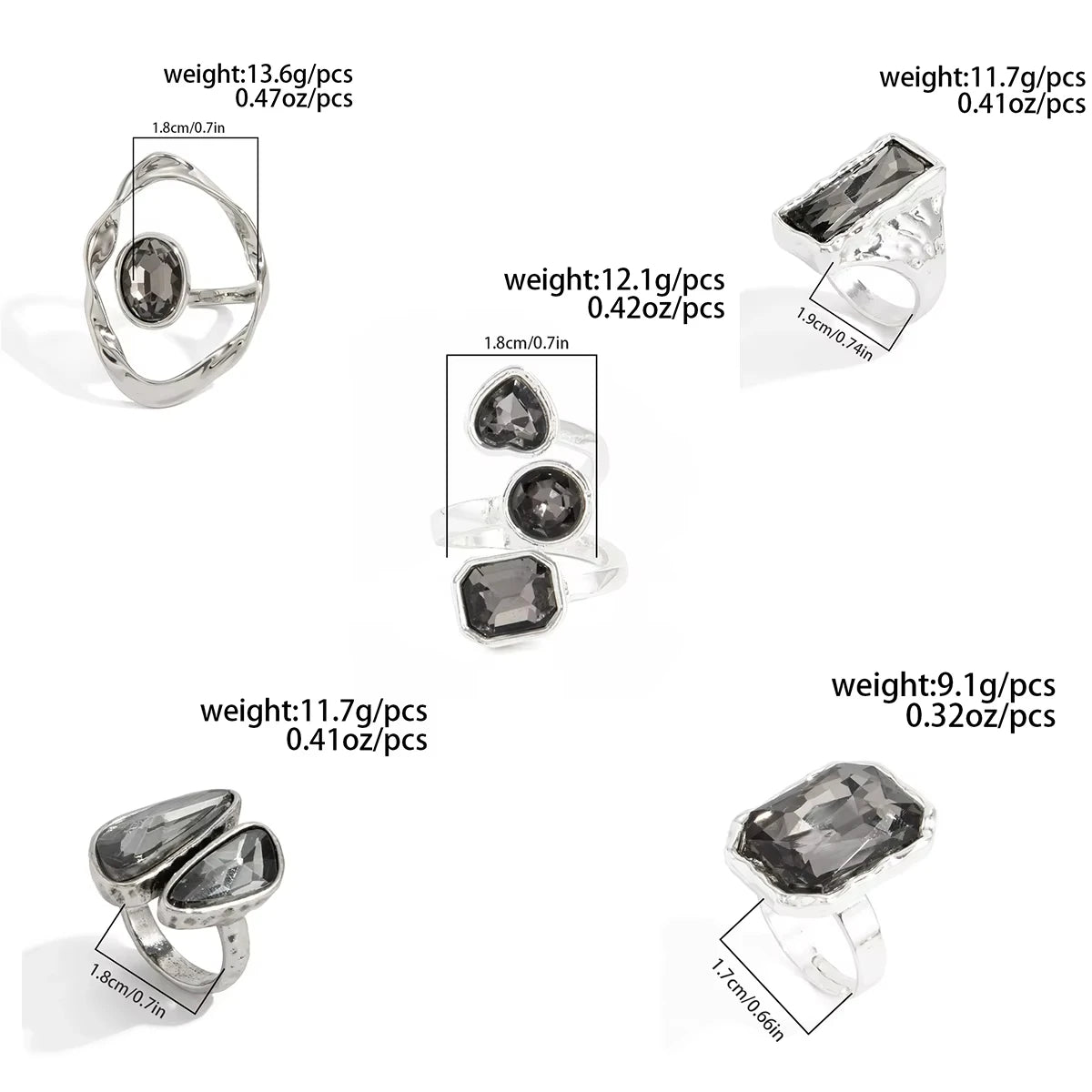 Set of silver open rings with dark rhinestones in geometric shapes