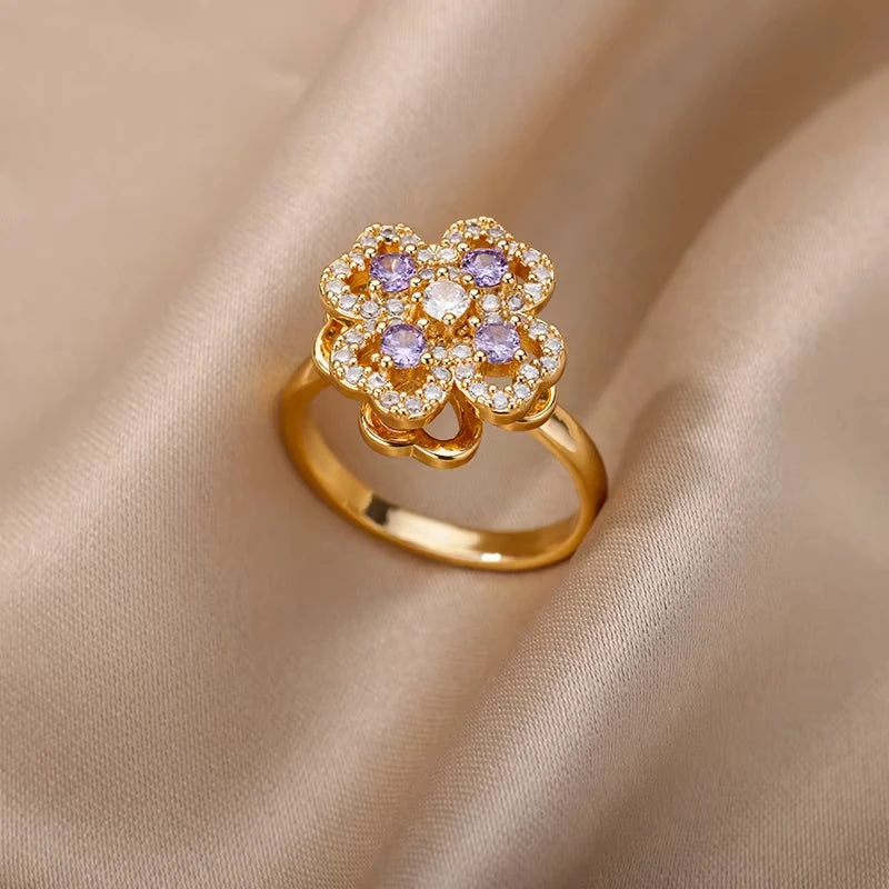 Zircon Geometric Ring Collection | 18K Gold-Plated Adjustable Stainless Steel Rings for Women