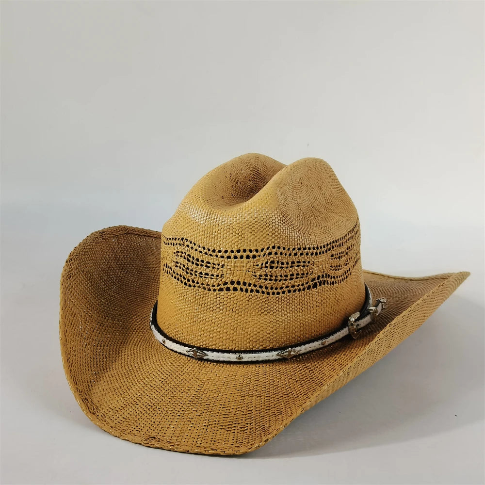 Western Straw Cowboy Hat with Turquoise Bolo Tie
