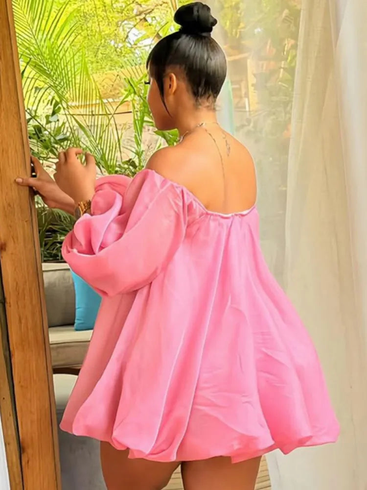 Pink off-shoulder puff-sleeve mini dress, A-line loose fit