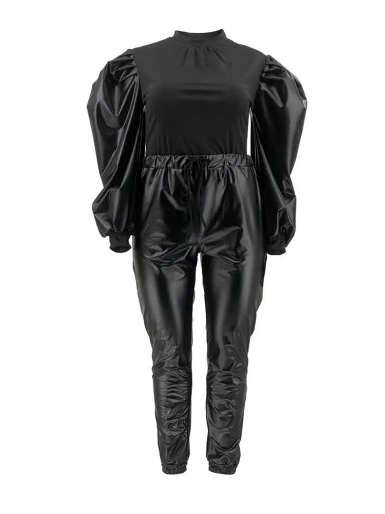 Women's black puff-sleeve knit top and faux leather pants set with gathered waist