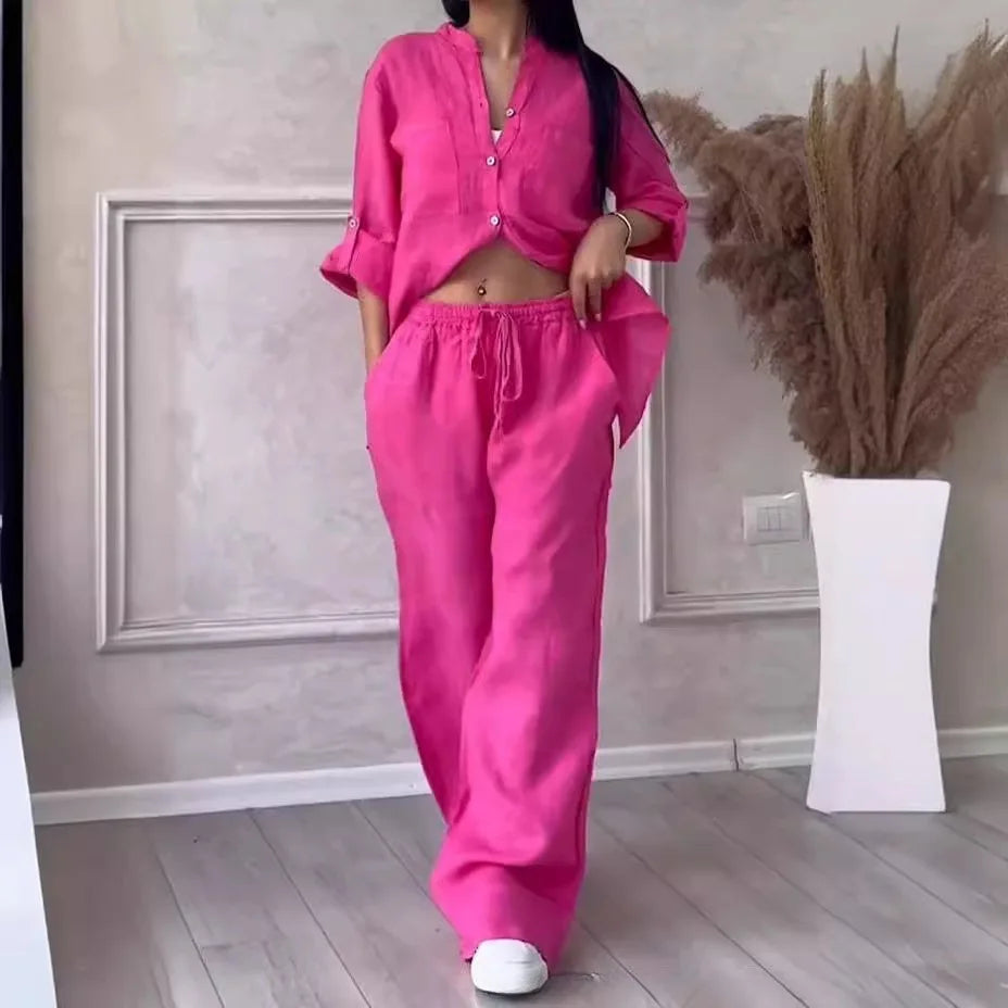 Women's linen button shirt & drawstring pants set, fuchsia pink, cropped top, wide pants.