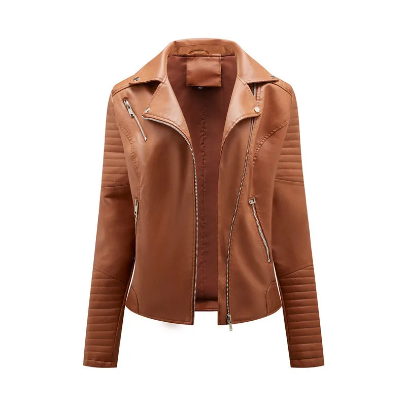 Camel brown faux leather biker jacket with v-neck, front zip, and zip pockets