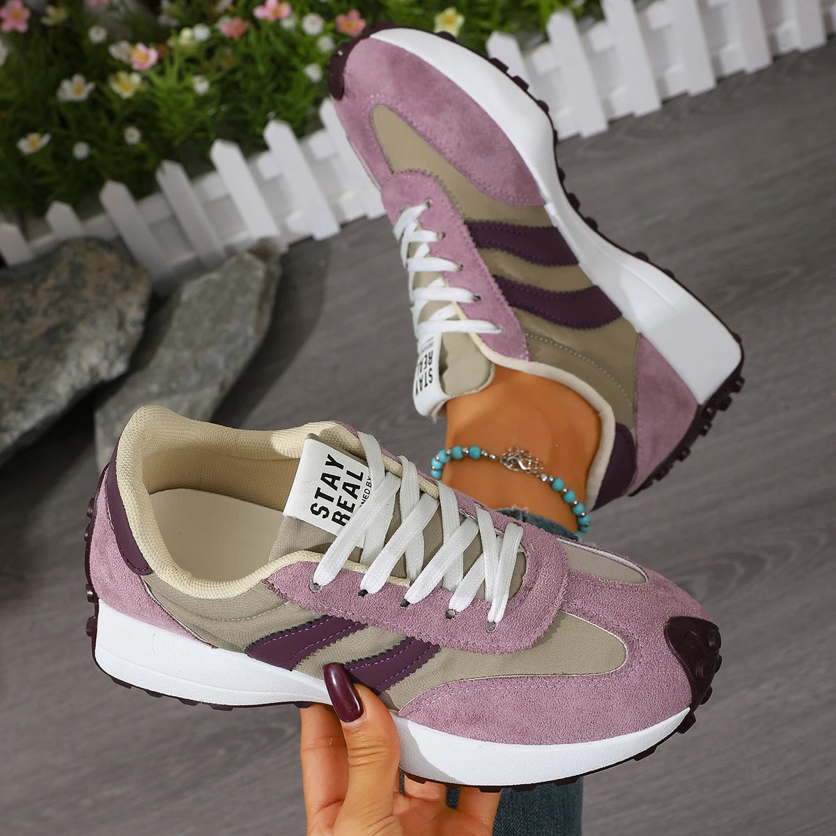 Women's lace-up sneakers, mauve purple suede with white laces and beige lining