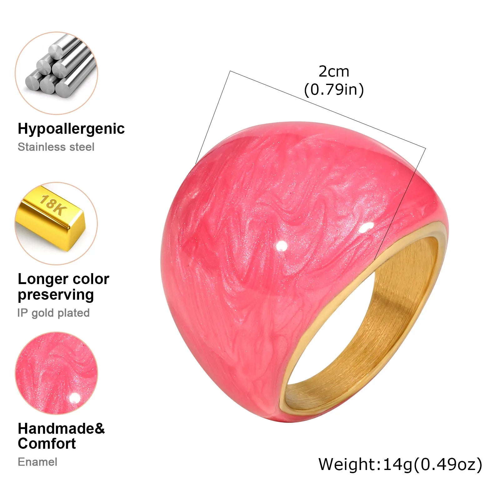 Chunky enamel crossover ring, glossy pink enamel with gold-tone inner band
