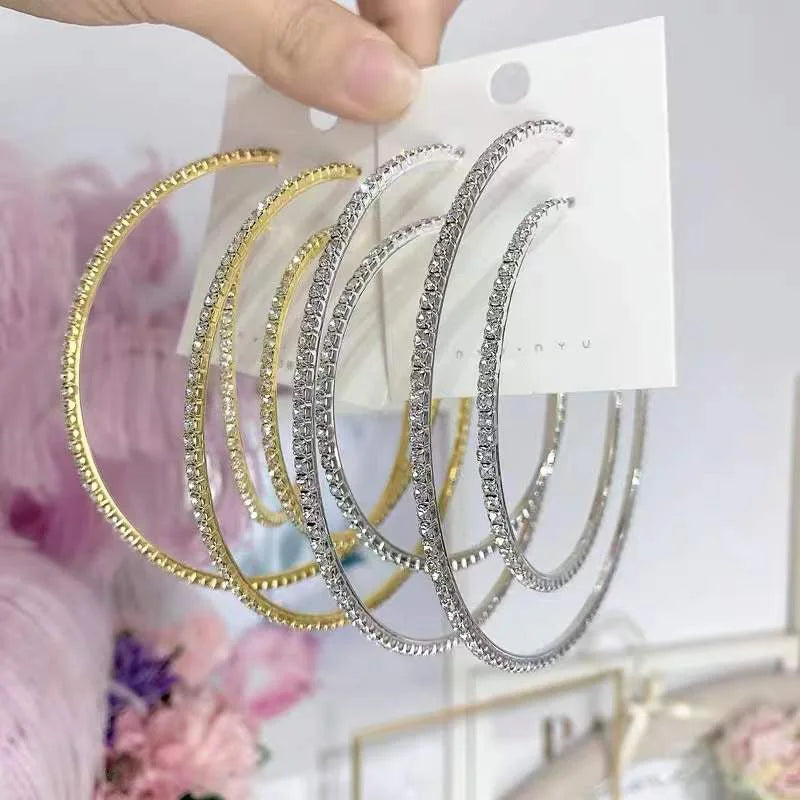 Crystal Rhinestone Big Hoop Earrings | 30–80mm Circle Hoops in Gold, Silver, Black & Rose Gold
