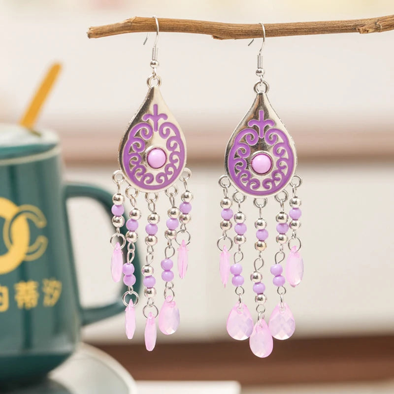 Purple and pink teardrop bead tassel dangle earrings with silver hooks