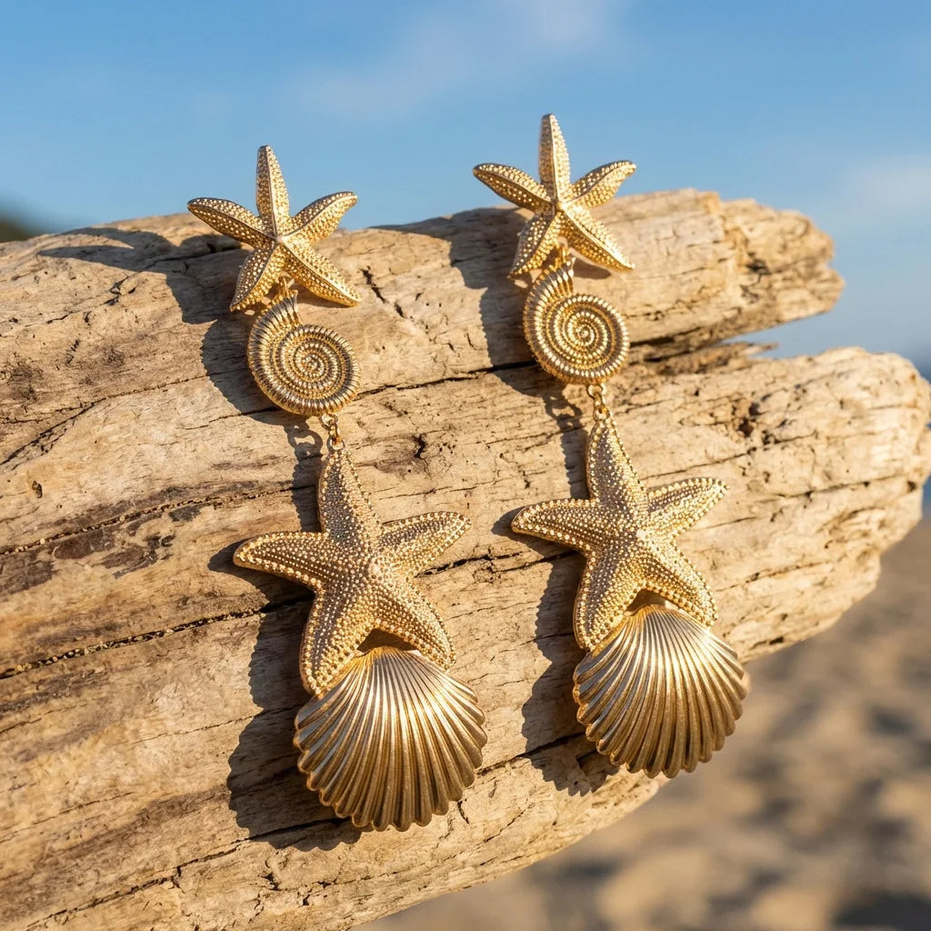Boho Sea Star & Shell Gold Drop Earrings | Summer Holiday Earrings for Women