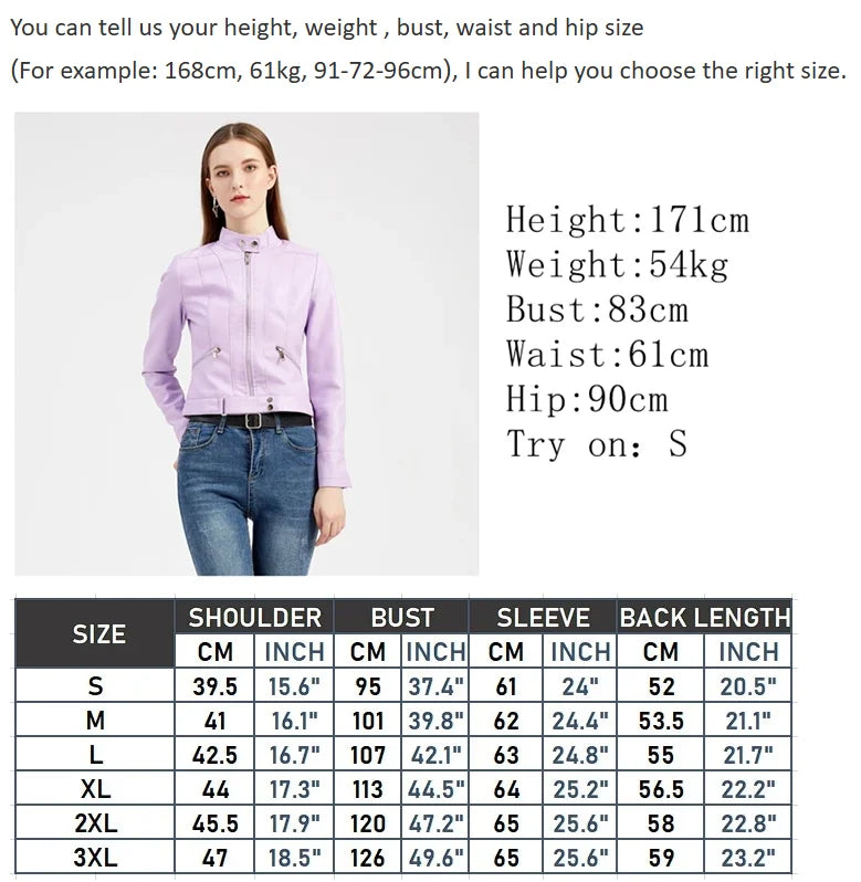 Light purple faux leather zip-up moto jacket on model with stand collar and zipper