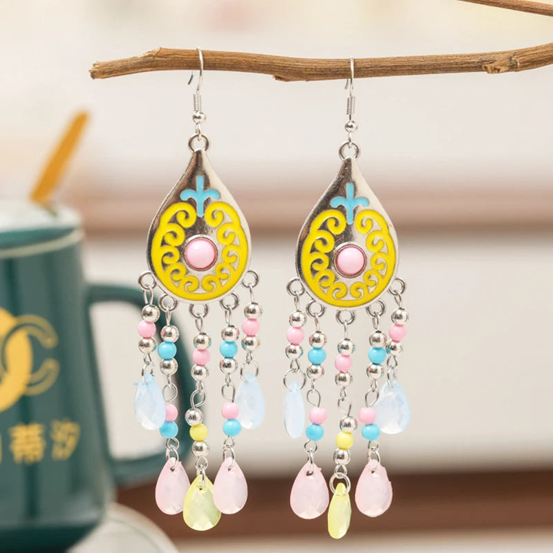 Blue and pink teardrop bead tassel dangle earrings with silver hooks and drops