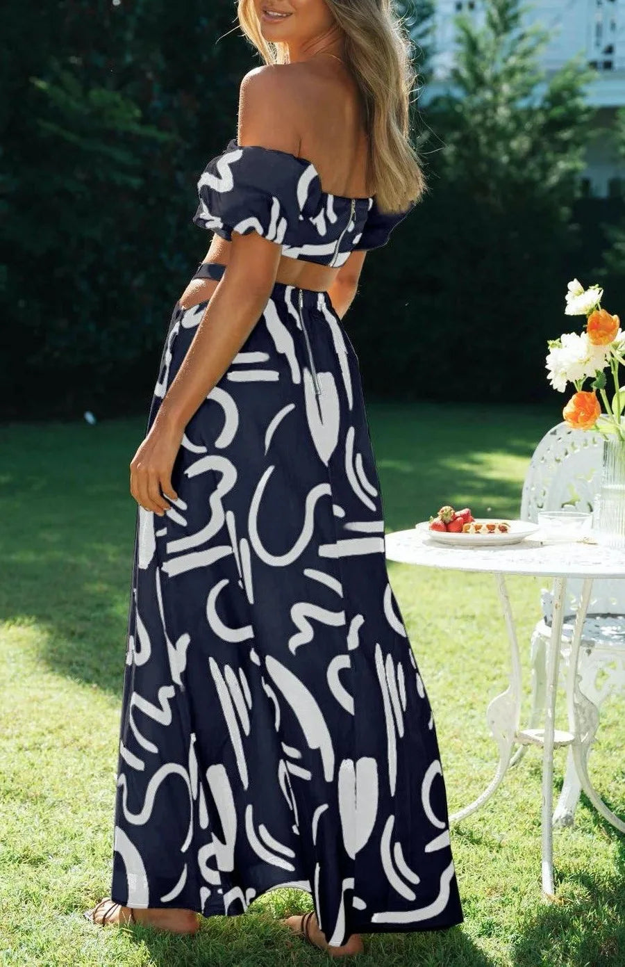 Puff Sleeve Crop Top & Hollow Waist Dress Set