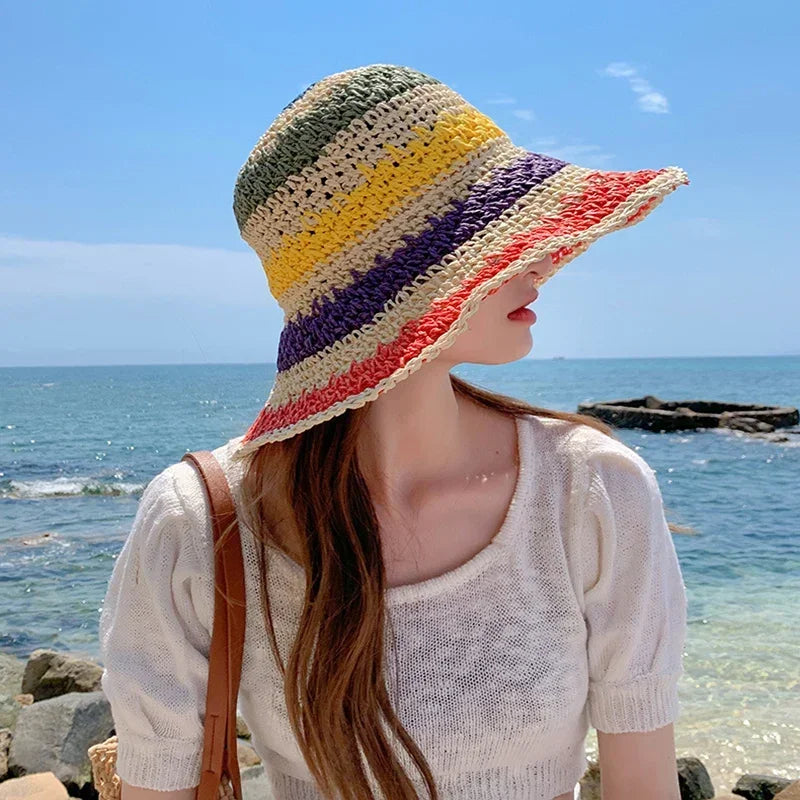 Rainbow Striped Crochet Bucket Hat | Boho Beach Sun Hat
