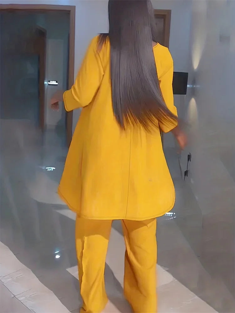 Plus size solid tunic top and pants set, mustard yellow with asymmetric tunic hem