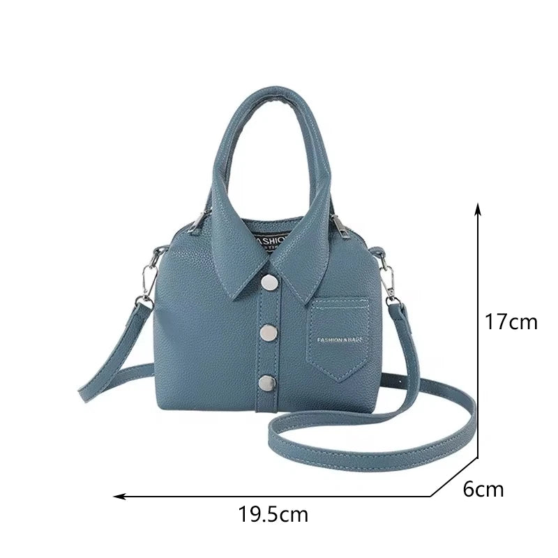 Blue square PU leather crossbody bag with front pocket, snap buttons, and crossbody strap