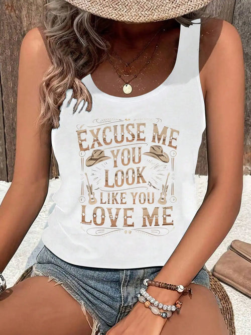 Women’s racerback tank top in white with gold western quote print, sleeveless scoop neckline