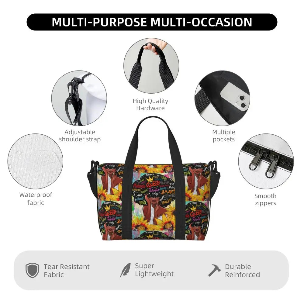 African American Woman Large Capacity Tote Bag | Beach, Gym & Travel Duffle