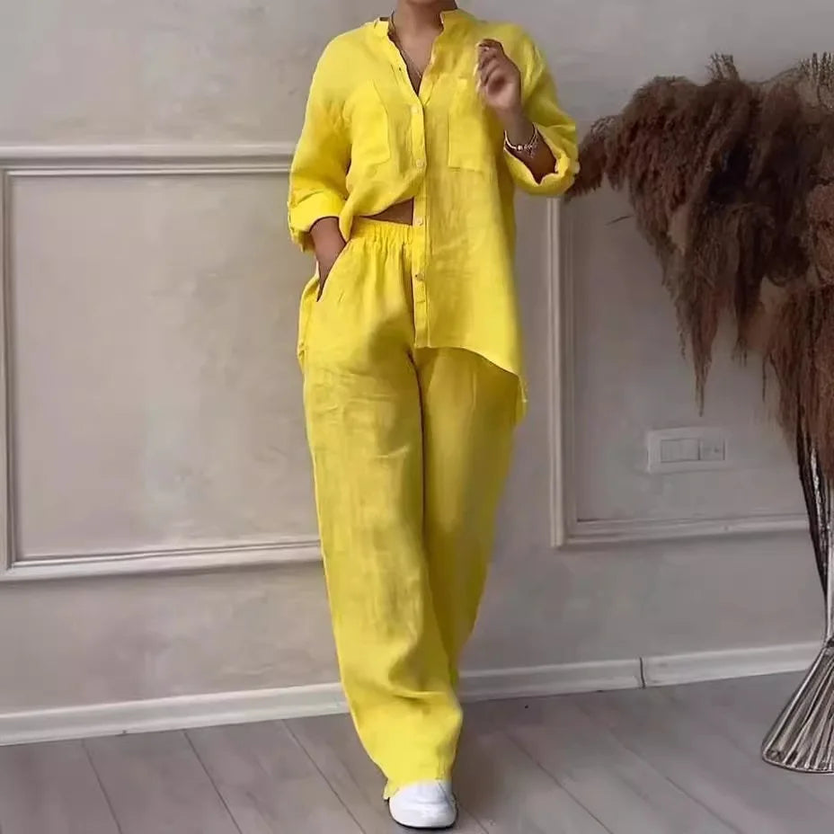 Women's linen button shirt & drawstring pants set, yellow, relaxed fit, 3/4 sleeves.