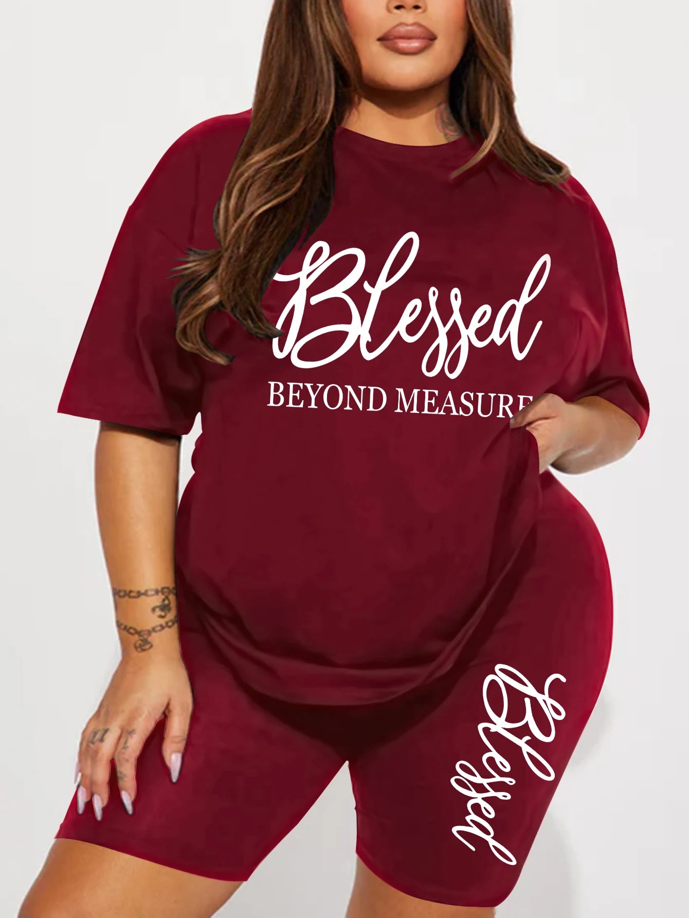 Women's plus size burgundy t-shirt & shorts set with 'Blessed' graphic