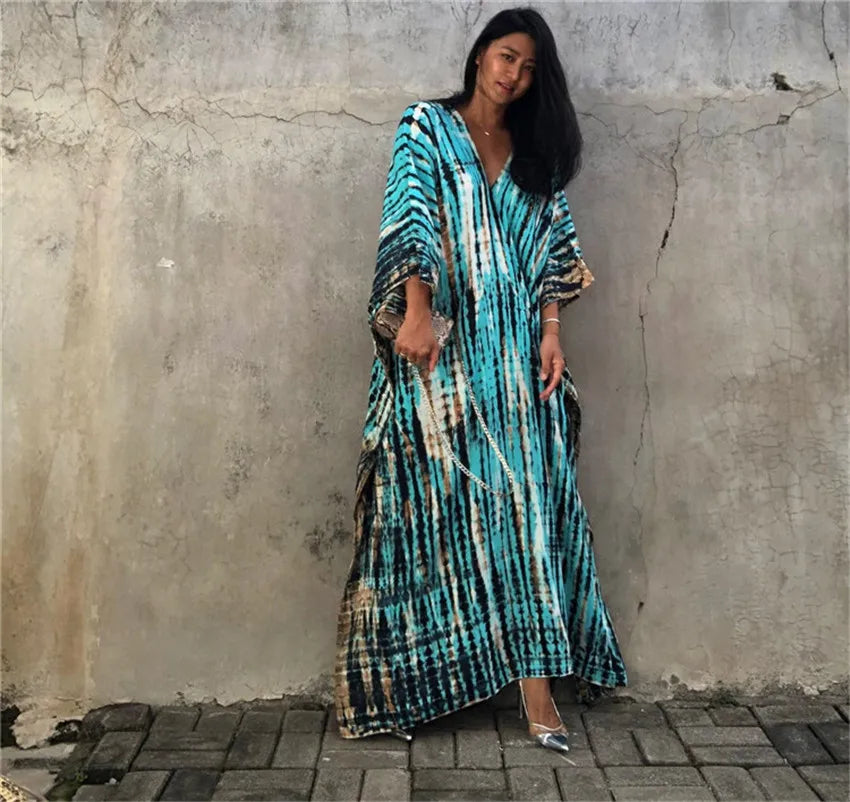 Bohemian Striped Beach Dress | Printed Kaftan Swimsuit Cover Up for Women