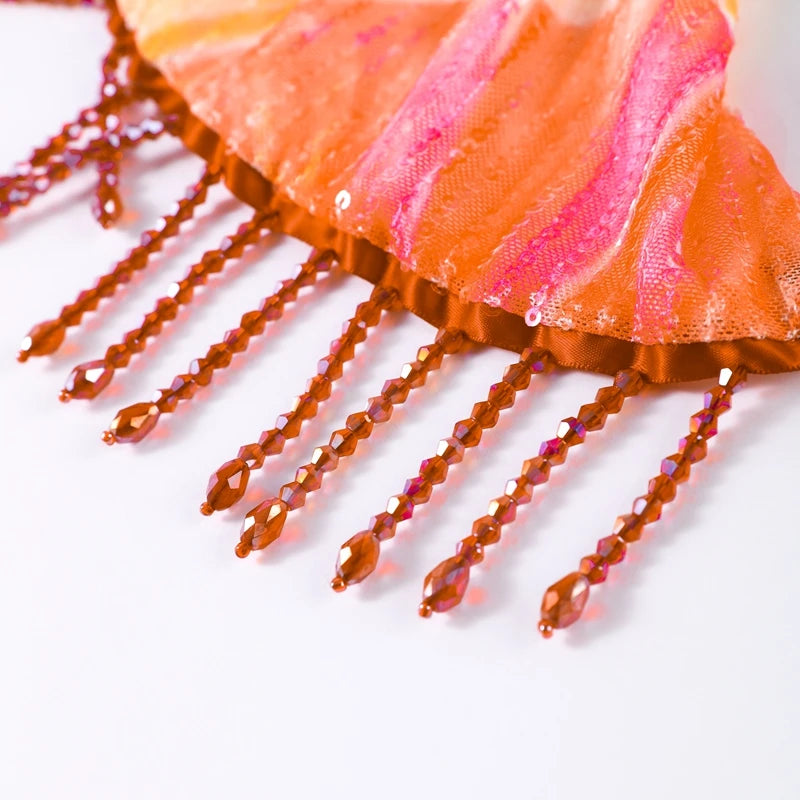 Mini skirt fringe trim with beaded tassels in orange and pink