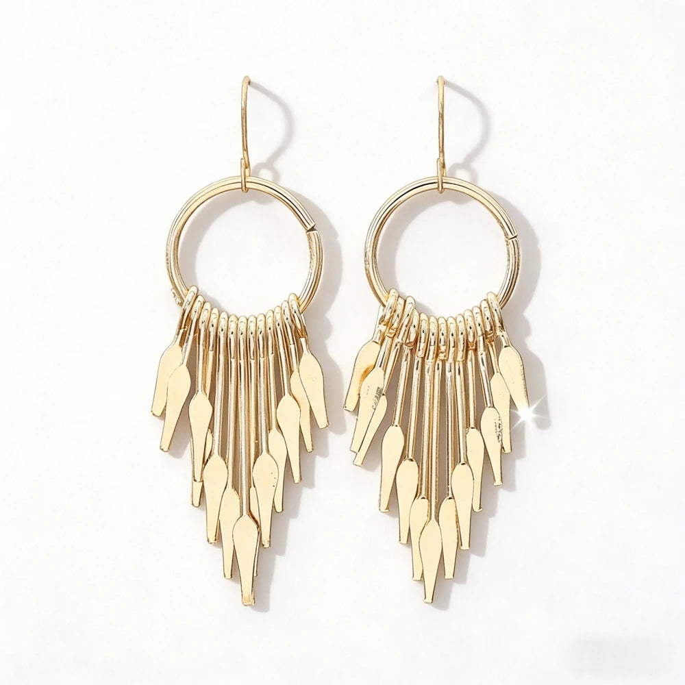Gold Ring Tassel Drop Earrings | Geometric KC Gold-Plated Earrings for Women