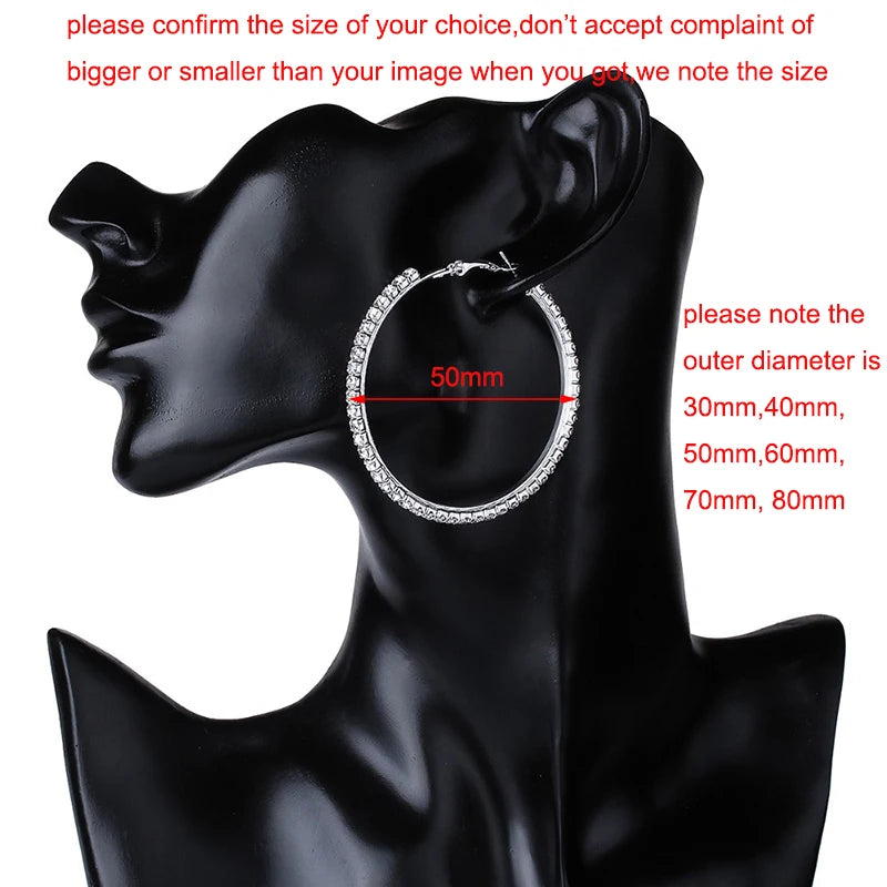 Crystal Rhinestone Big Hoop Earrings | 30–80mm Circle Hoops in Gold, Silver, Black & Rose Gold