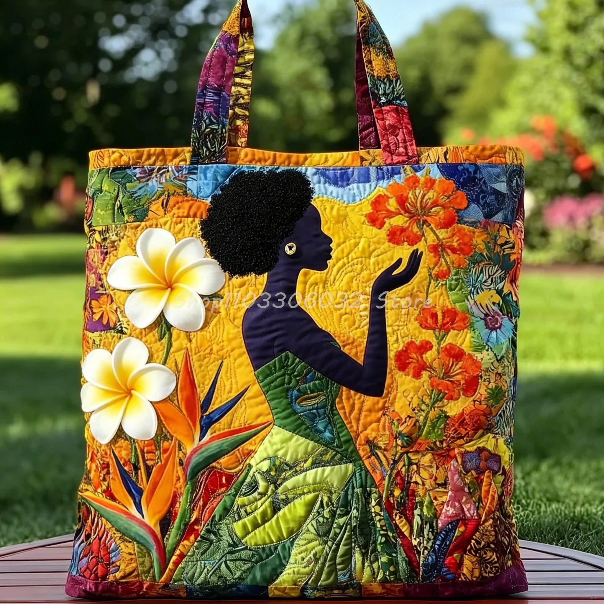 African American Floral Print Quilted Tote | Outdoor Weekender Travel Bag