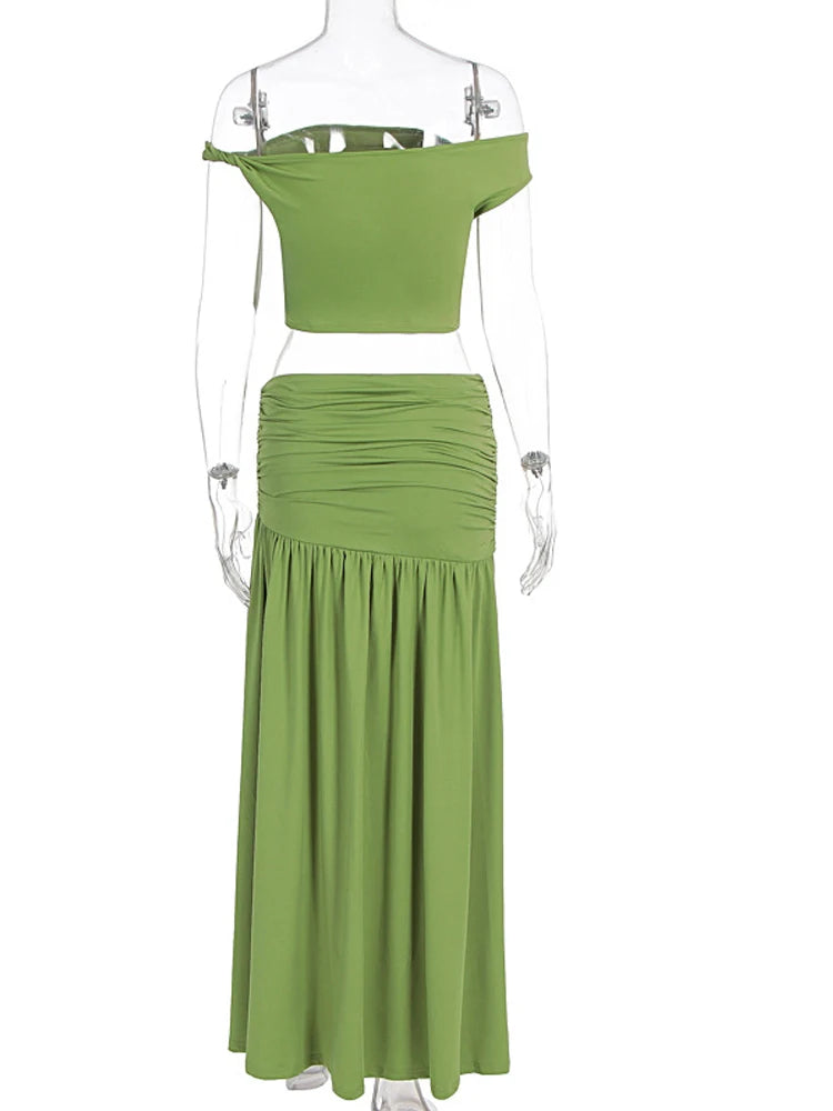 Green off-shoulder cropped top and high-slit maxi skirt set with fitted waistband