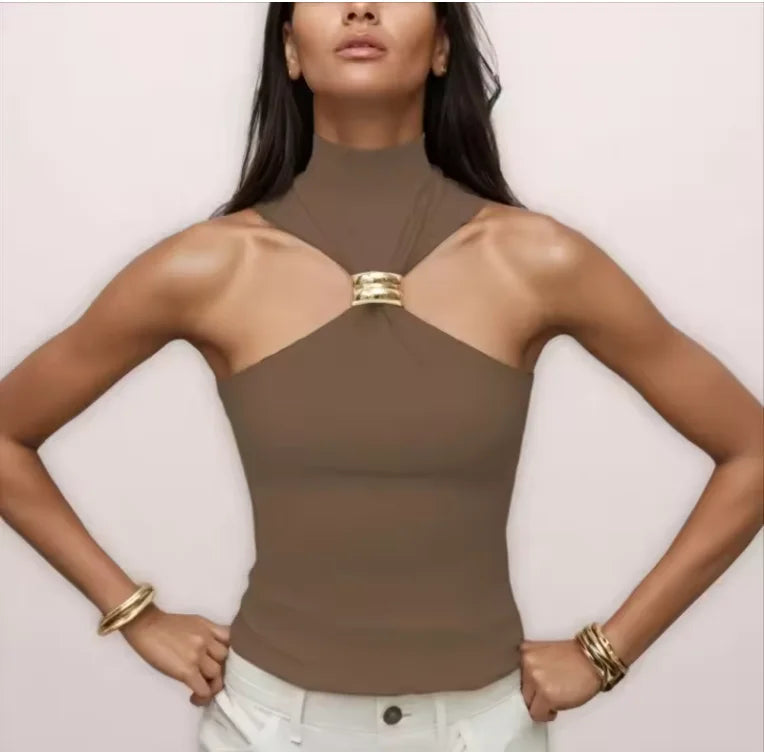 Brown off-shoulder sleeveless crop tank with metal ring centerpiece at the bust