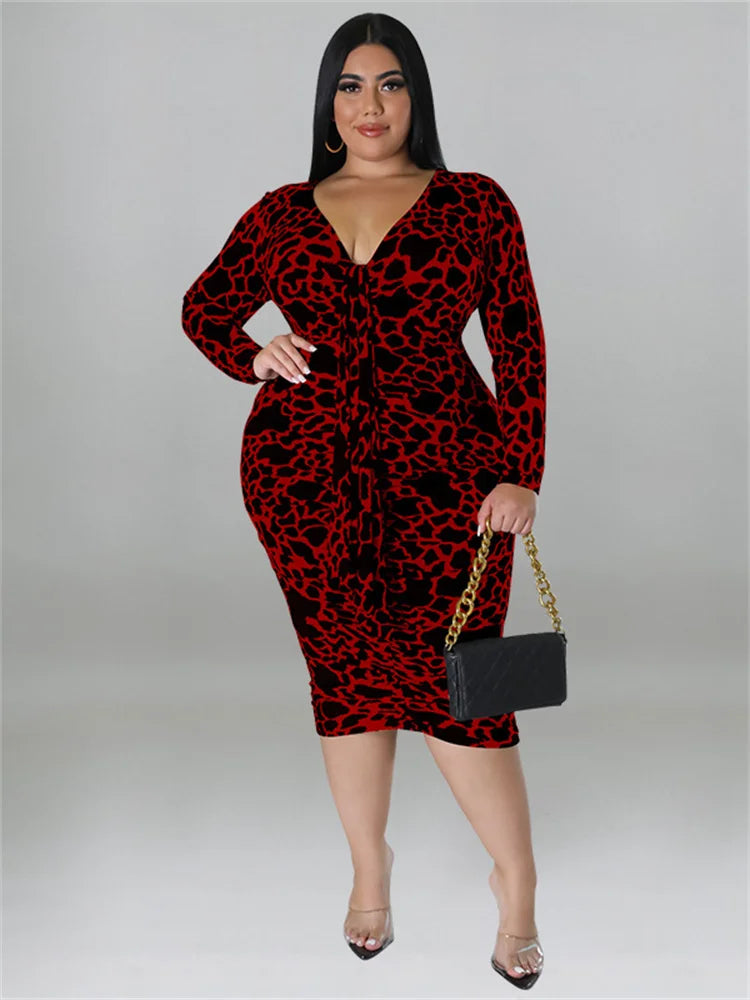 Women's plus size V-neck bodycon dress, red leopard print, long sleeves, chain-strap bag