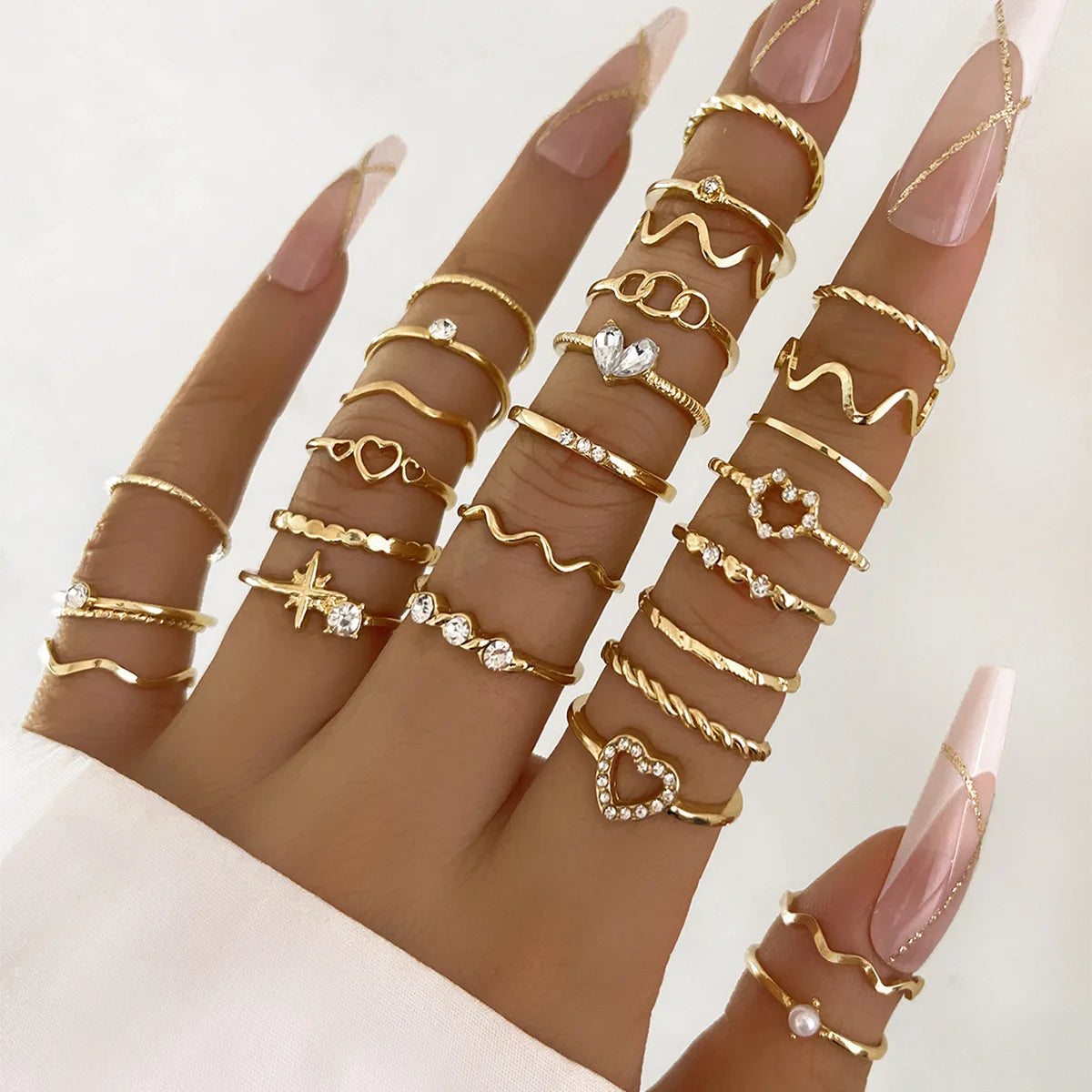 Crystal Wave & Heart Ring Set | Bohemian Stackable Rings for Women